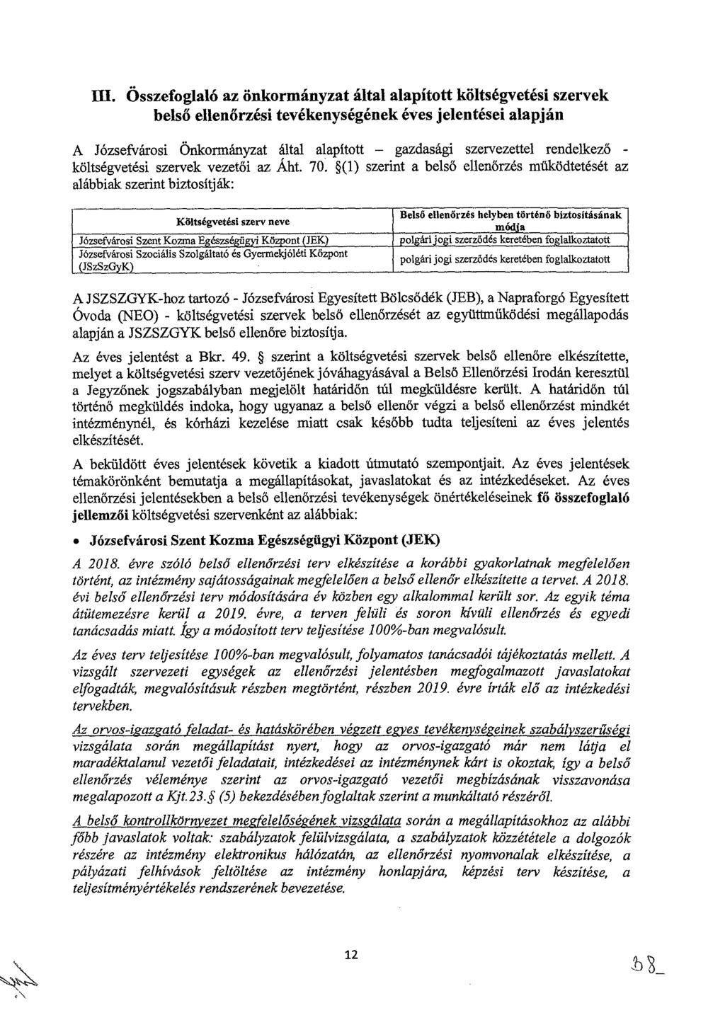 Összefoglaló az önkormányzat által alapított költségvetési szervek belső ellenőrzési tevékenységének eves jelentései alapján A Józsefvárosi Önkormányzat által alapított gazdasági szervezettel