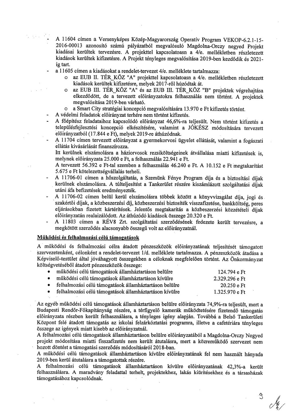 A 11604 címen a Versenyképes Közép-Magyarország Operatív Program VEKOP-6.2.1-15- 2016-00013 azonosító számú pályázatból megvalósuló Magdolna-Orczy negyed Projekt kiadásai kerültek tervezésre.