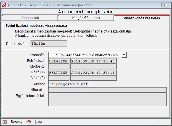 Visszavonás részletek fül (csak visszavonás esetén jelenik meg) BusinessID információk