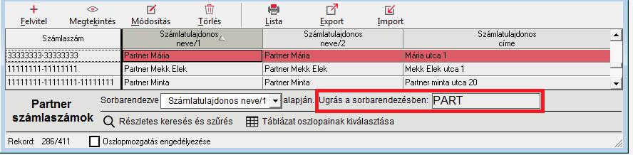 Az Ugrás a sorbarendezésben: mezőbe szabadon beírhat keresőfeltételt.