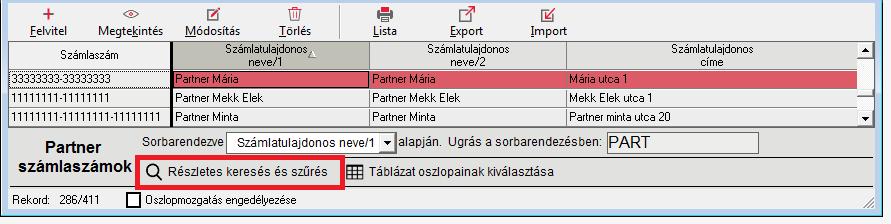 A szűrés/keresés a választott funkció mellett található jelölőnégyzet bejelölésével lehetséges.