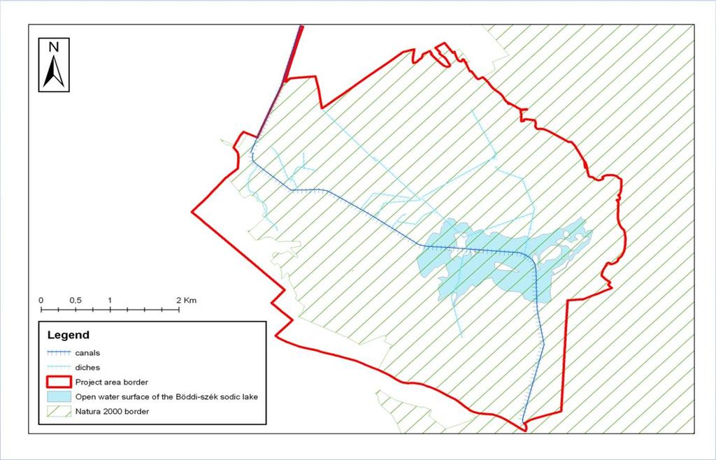 Élőhelyfejlesztés: A csatorna áthelyezése 5,9 km csatornaszakasz megszüntetése, mely kettévágja a szikes tavat.