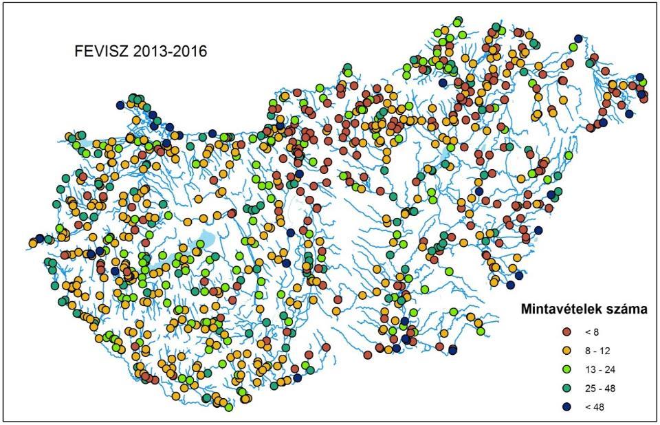 Felszíni vízminőségi monitoring rendszer: 1968-2016 Mintavételi helyek száma VKI Folytonos mérések 2006-ig. VKI bevezetése: több állomás, kisebb mintaszám, mérések forgószínpad szerűen.