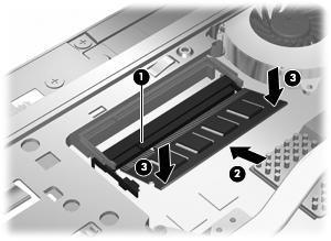 c. Óvatosan nyomja le a memóriamodult (3) a jobb és bal oldalán egyaránt addig, amíg a rögzítőkapcsok a helyükre pattannak.