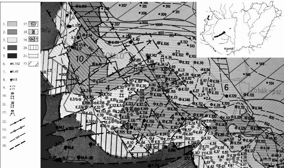 Földtani Közlöny 142/1 (2012) 5 1. ábra. A Keleti-Mecsekben található komlói területrész földtani térképe a kainozoikum elhagyásával az 1967-es állapot szerint. Részlet NAGY E.