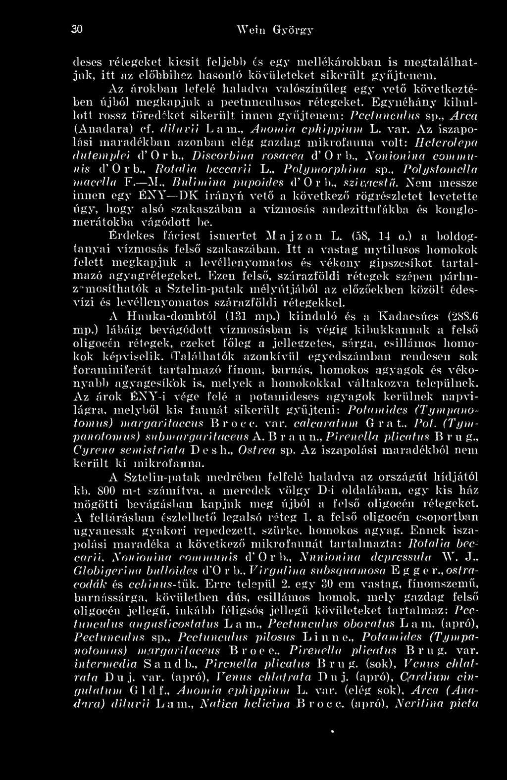 Egynéhány kihullott rossz töred'díet sikerült innen gyüjtenem: Pectunculus s]n, Arca (Anadara) cf. dilnvii Lám., Aiioniia cphippium L. var.
