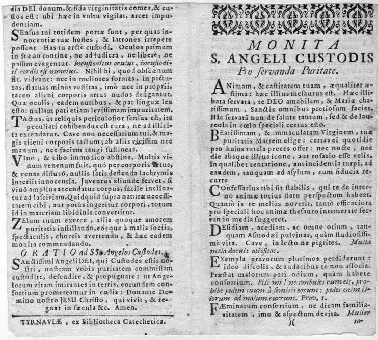 Közlemények 283 3. kép. Monita S[ancti] Angeli Custodis Pro servanda Puritate, (Tyrnaviae, ex Bibliotheca Catechetica), [1745k.] )( 1r, )( 2v Az imalap 1. oldala a címmel és a 4.