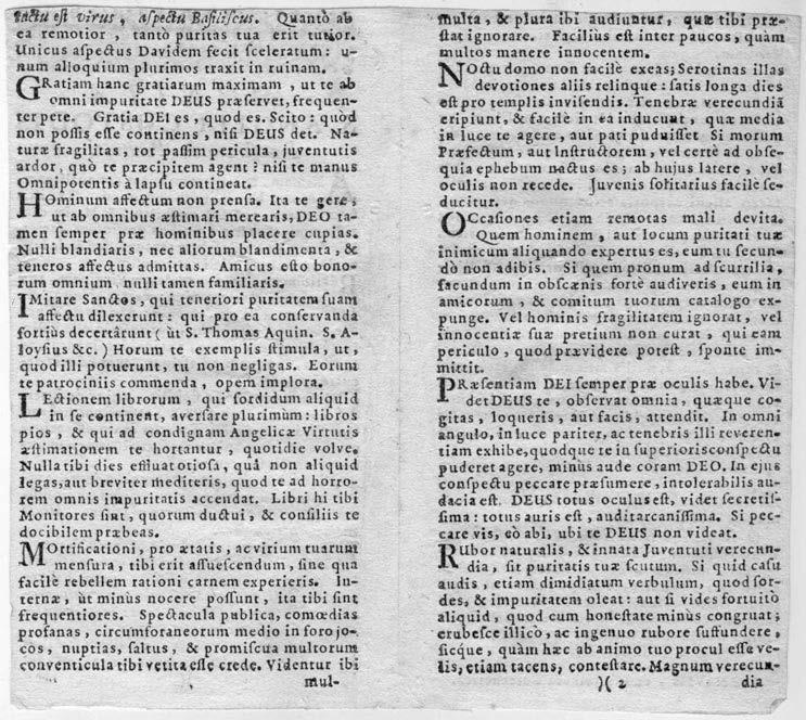 284 Közlemények 4. kép. Monita S. Angeli Custodis Pro servanda Puritate, (Tyrnaviae, ex Bibliotheca Catechetica), [1745k.] )( 1v, )( 2r Az imalap 2. és 3. oldala II.