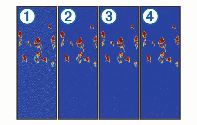 illetve a fenékhez közeli halak észlelését segíti. A teljes képernyős halradar képernyőn válasszuk a > Sonar Setup (Szonár beállítás) > Appearance (Megjelenítés) > A-Scope-t.