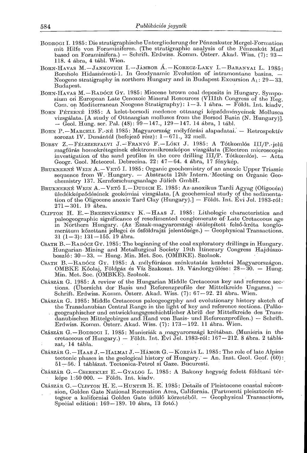 Bodrogi I. 1985: Die stratigraphische Untergliederung der Pónzeskuter Mergel-Formation mit Hilfe von Foraminiferen. (The stratigraphic analysis of the Pénzeskút Marl based on Foraminifera.) Schrift.