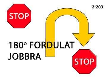 2-204 A típus Stop - 180 fordulat balra - Stop A lábnál követésből a páros megáll a tábla előtt, és a kutya alapállást vesz fel.