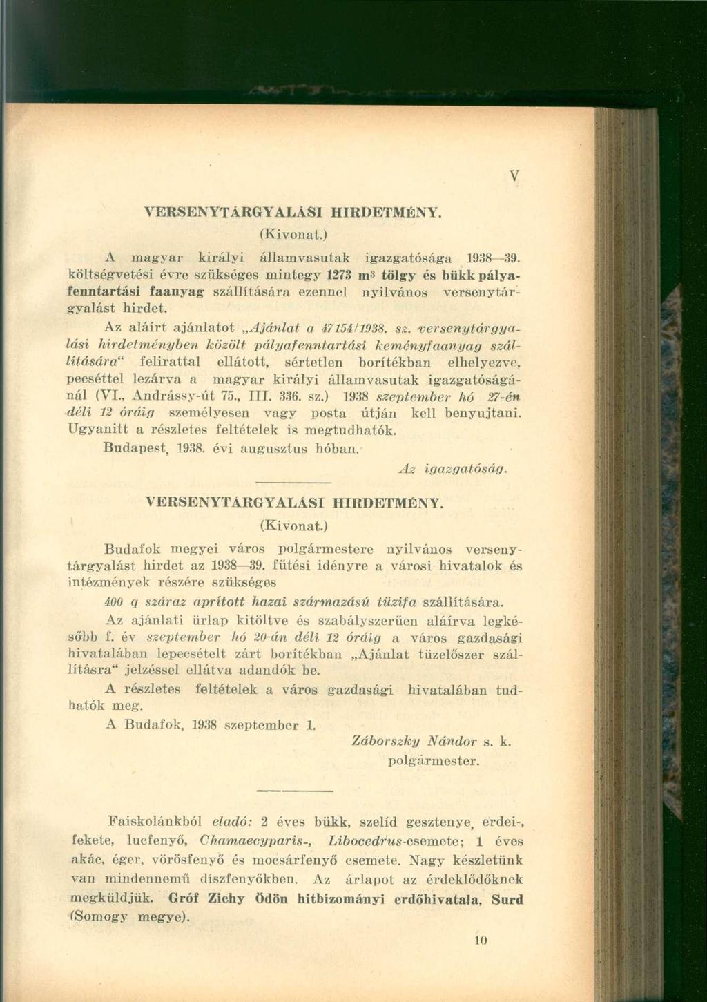 HIRDETMÉNY. A magyar királyi államvasutak igazgatósága 1938 39.