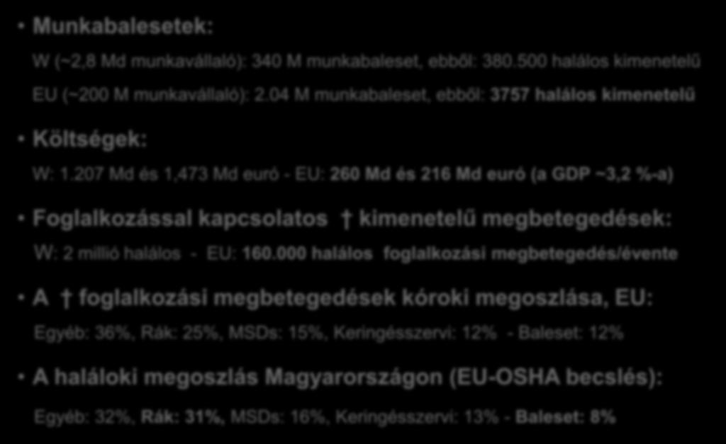 Munkabalesetek és foglalkozási megbetegedések (2) Munkabalesetek: W (~2,8 Md munkavállaló): 340 M munkabaleset, ebből: 380.500 halálos kimenetelű EU (~200 M munkavállaló): 2.