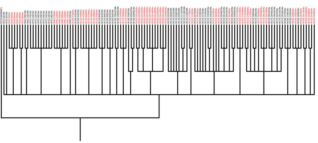 Fig. S1. Sample lineage tree depicting the relationship between samples. Related to Figure 2. Each sample is represented by the generic code MxxDx[N/A/][h/c/b] where x is a number. Mx = mother ID.