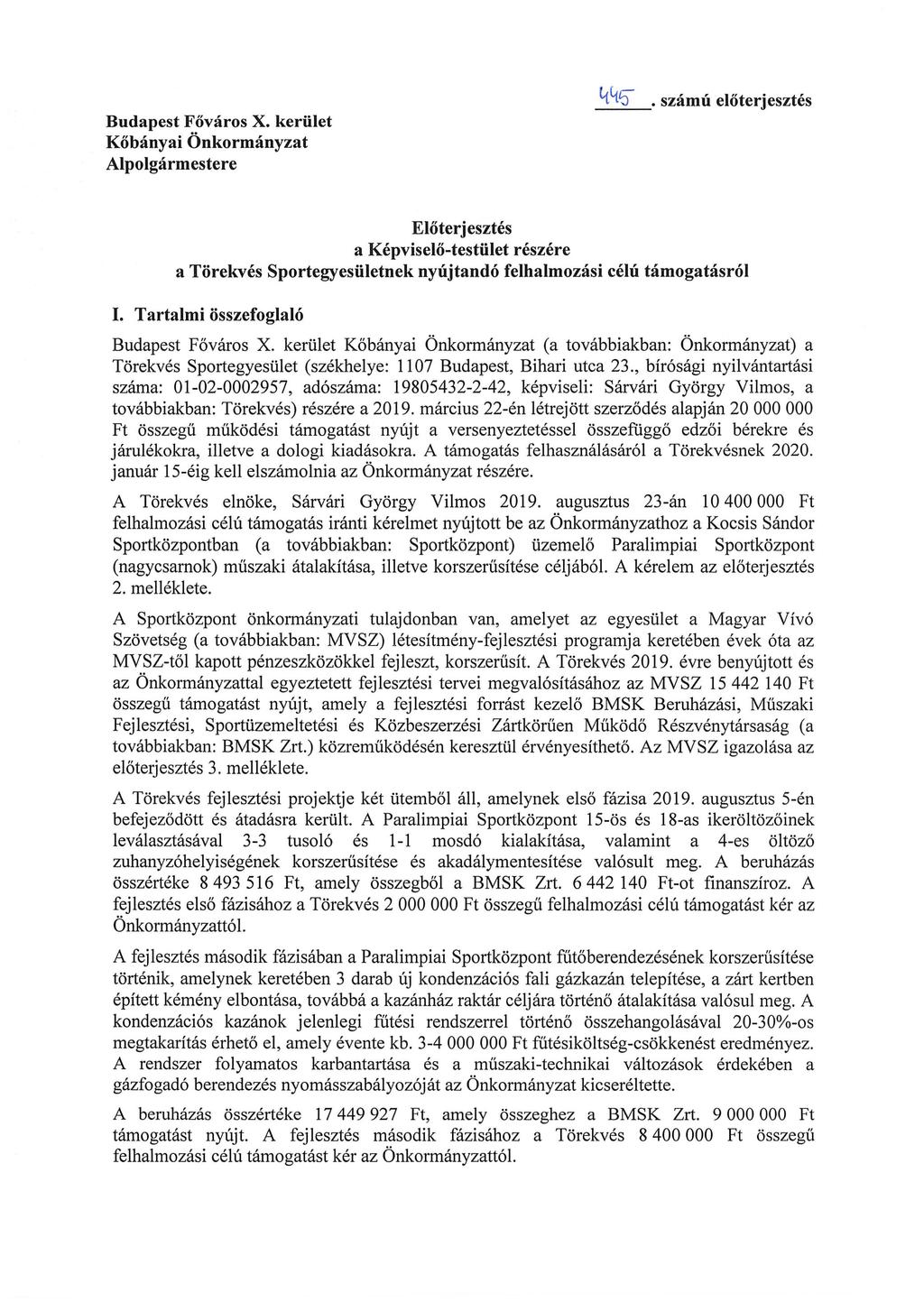 Budapest Főváros X. kerület Kőbányai Önkormányzat Alpolgármestere 44S-.
