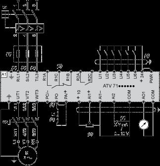 A1 L1 Q1 Q2 ATV71 drive DC choke Circuit-breaker Switch disconnector (Vario) (1) Line choke (three-phase), mandatory for ATV71HC11Y HC63Y drives (except when a special transformer is used (12-pulse)).