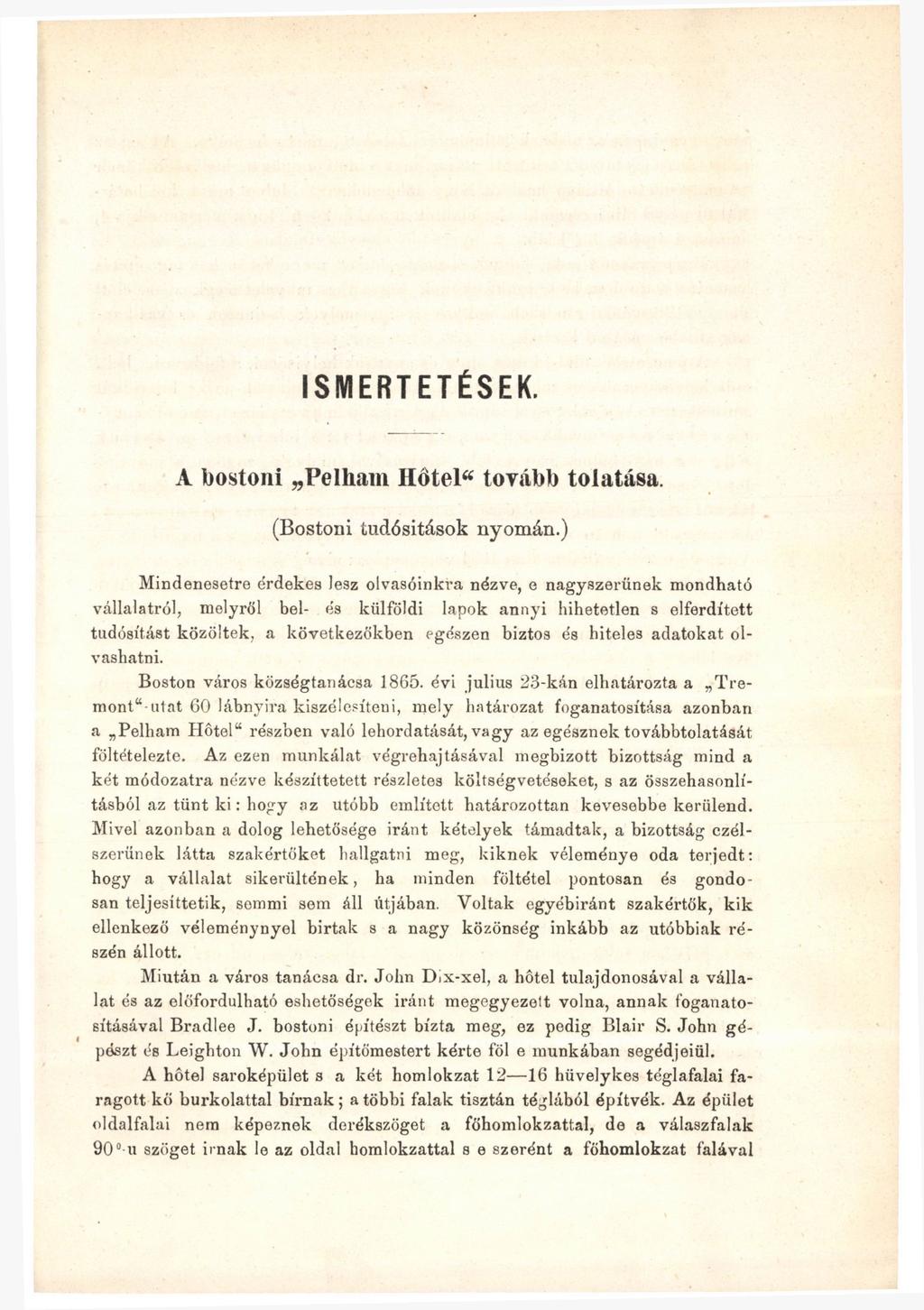 ISMERTETÉSEK. A bostoni Pelham Ilötel" tovább tolatása. (Bostoni tudósitások nyomán.