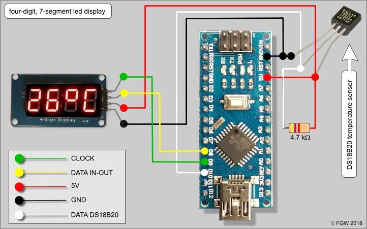 Digitális hőmérő Ez a projekt egy DS18B20 hőmérőt és egy négy digites TM1637 kijelző modult használ. A kijelzőt a TM1637Display könyvtár segítségével kezelik.