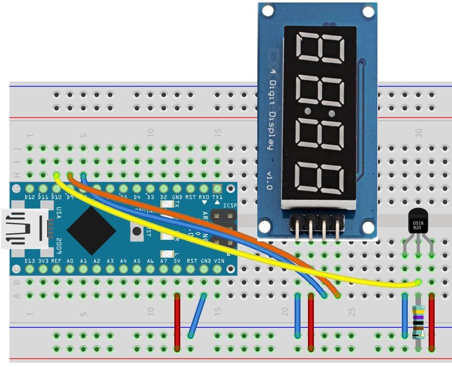 Kapcsolási elrendezés Hozzávalók: Arduino nano TM1637 4-digit kijelző DS18B20