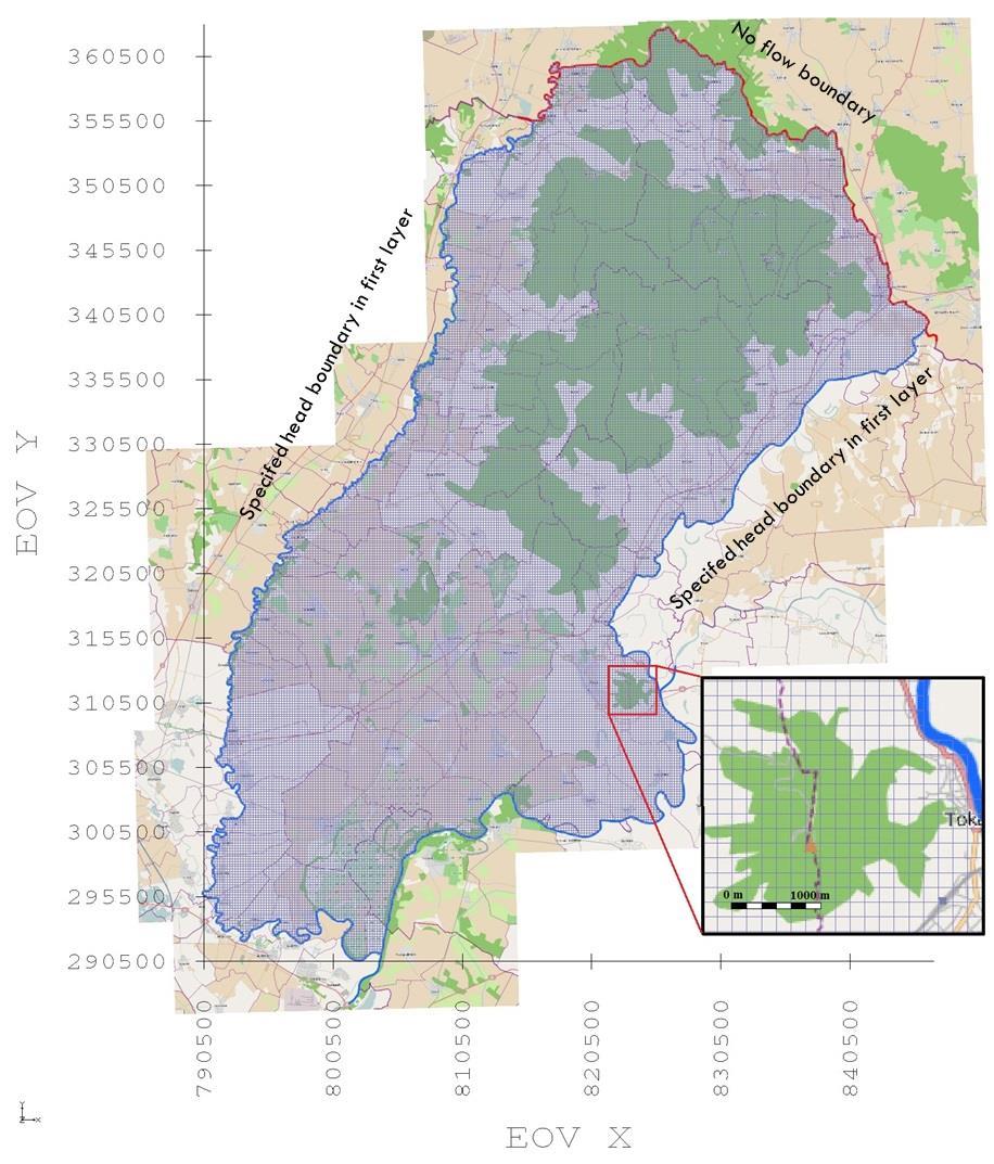 alapvető földtani egységet. A modellszámításoknál az alapkőzetet kvázi vízzárónak feltételeztük. A modellezett terület egy 48 x 77 km oldalhosszúságú téglalappal lefedhető szabálytalan sokszög.
