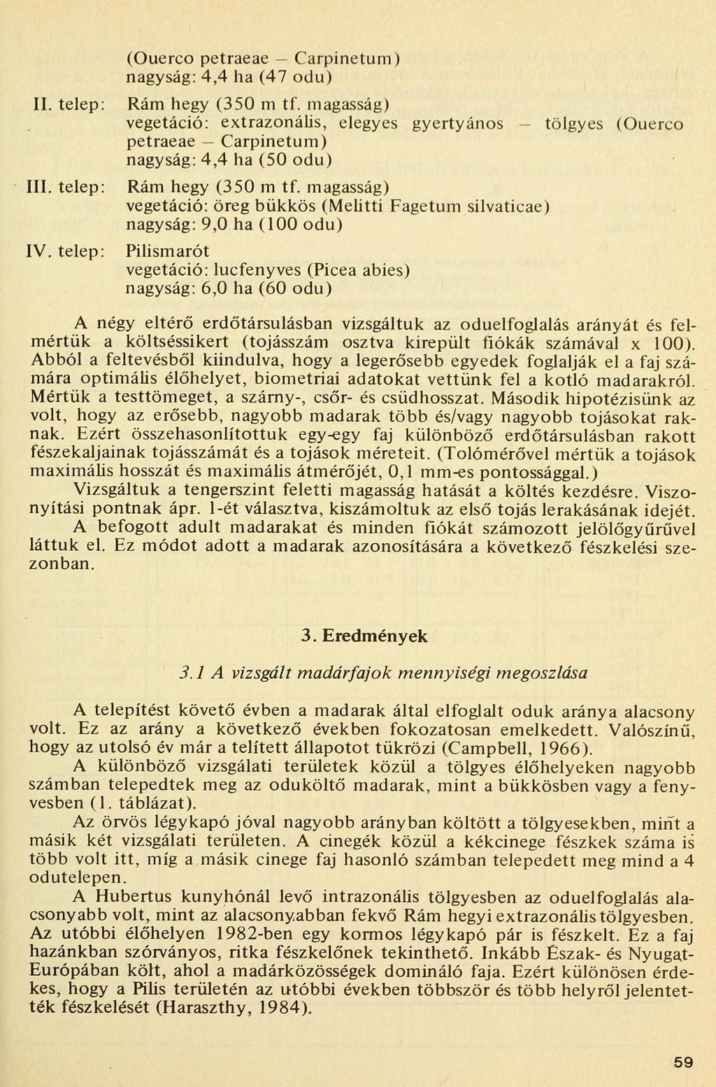 II. telep: III. telep: IV. telep: (Ouerco petraeae - Carpinetum) nagyság: 4,4 ha (47 odu) Rám hegy (350 m tf.