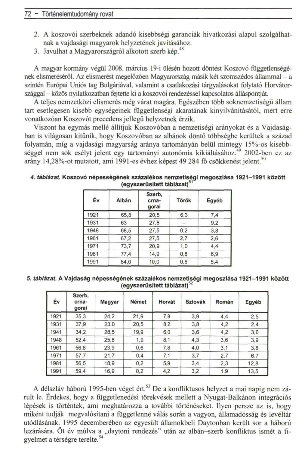 72 ~ Történelemtudomány rovat 2. A koszovói szerbeknek adandó kisebbségi garanciák hivatkozási alapul szolgálhatnak a vajdasági magyarok helyzetének javításához. 3.