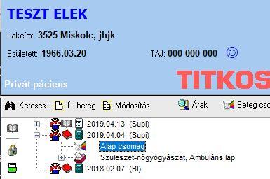 Privát, nem értékhatáros csomag felhasználása a Klinikai rendszerben Az ellátási csomag megjelenítése a bal oldali megjelenések fán illetve a jobb oldali összegző nézetben pedig következő részletes