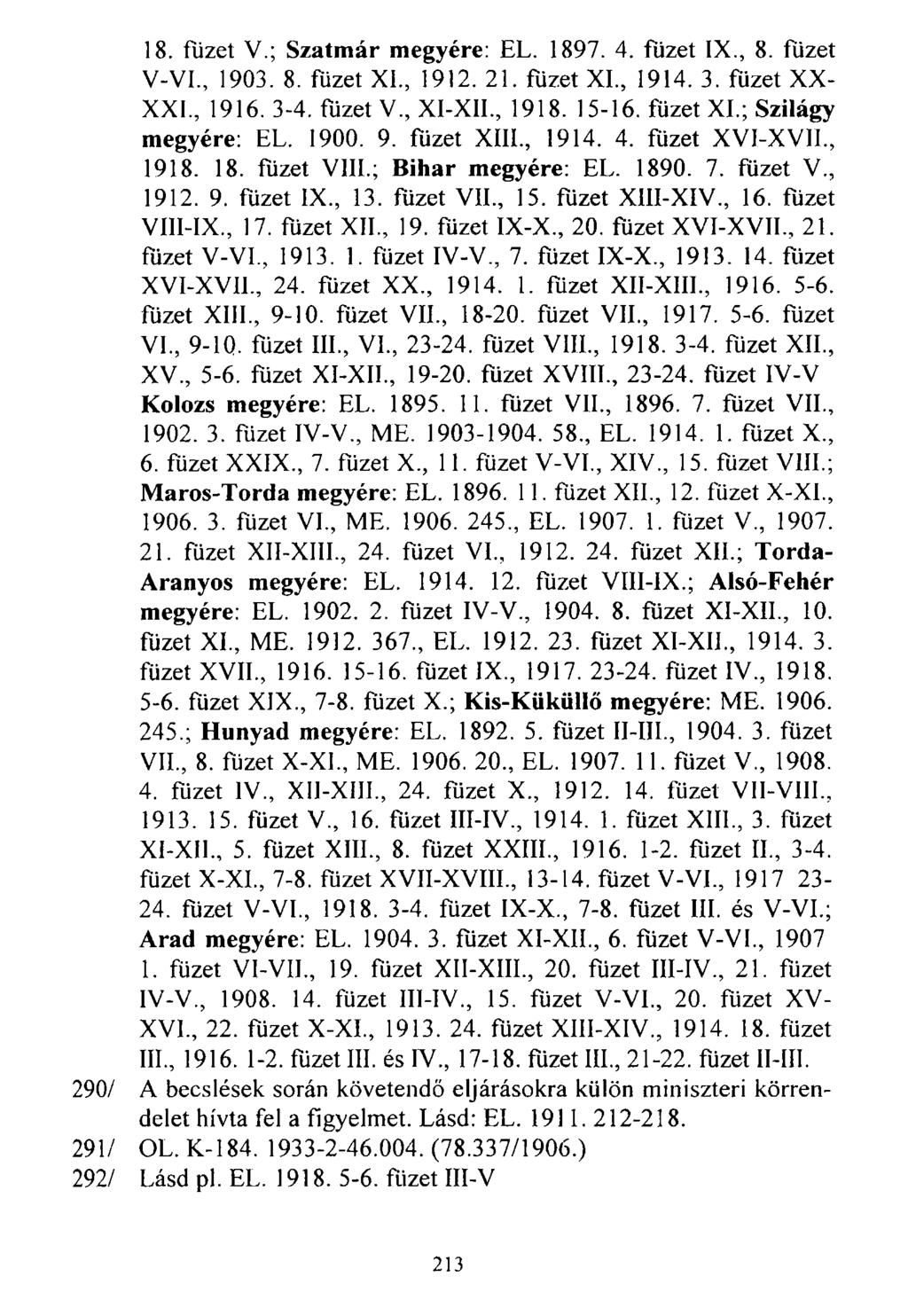 18. füzet V.; Szatmár megyére: EL. 1897. 4. füzet IX., 8. füzet V-VL, 1903. 8. füzet X I, 1912. 21. füzet X I, 1914. 3. füzet XX- X X I, 1916. 3-4. füzet V, XI-XII, 1918. 15-16. fűzet XI.