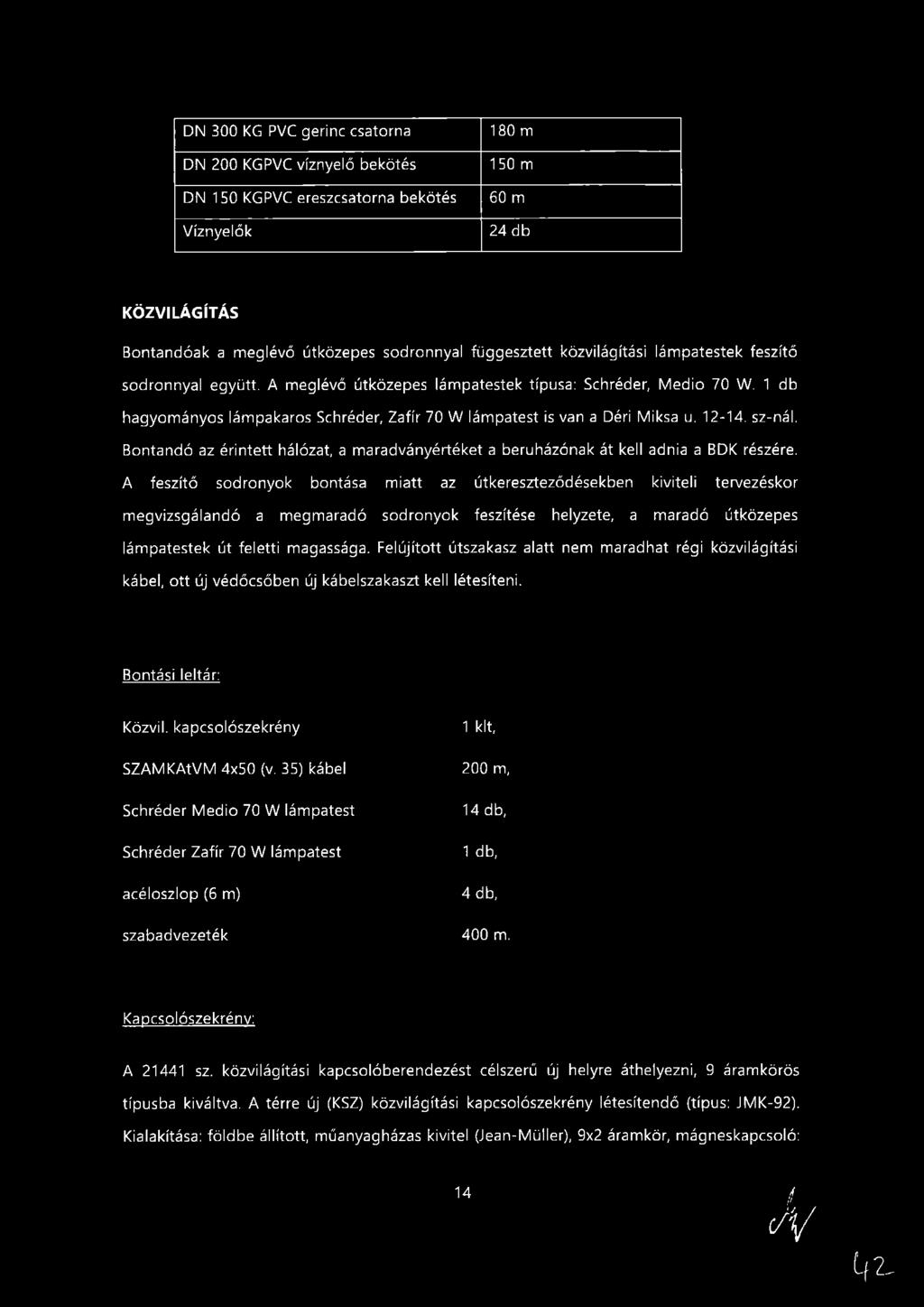DN 300 KG PVC gerinc csatorna DN 200 KG PVC víznyelő bekötés DN 150 KG PVC ereszcsatorna bekötés Víznyelők 180 m 150 m 60 m 24 db KÖZVILÁGÍTÁS Bontandóak a meglévő útközepes sodronnyal függesztett