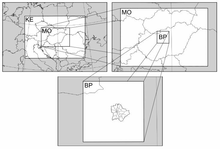 2. ábra: A három modelltartomány Kimeneti fájlok értelmezése A WRF-Chem kimeneti fájljaiban a koncentrációértékek ppmv értékben szerepelnek, azonban a mérőberendezések adatait és a levegőminőségi