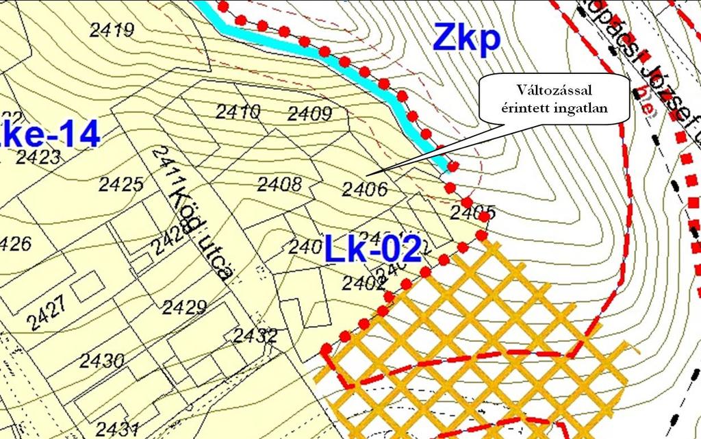 2.2. Rendezési terv A tárgyi terület közvetlen környezetére a lakóházas beépítés a jellemző, építési övezeti besorolása Lk-02 1, azaz kisvárosias lakó építési övezeti besorolásba tartozik.