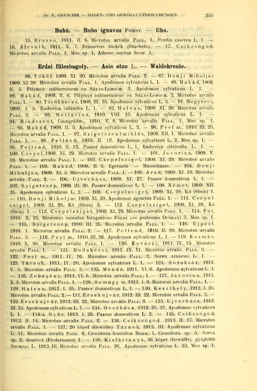 Buhú. Bubo ignavus FORST. Uhu. 16. Brassó. 1911. II. 0. Microtus arvalis PALI,. 1, Perdix pi -ea L, 1. 16. A 1 c s u t h, 1911. X. 7. Erinaceus tüskék (Stacheln). 17. t! s i k /. s ö g i) d.