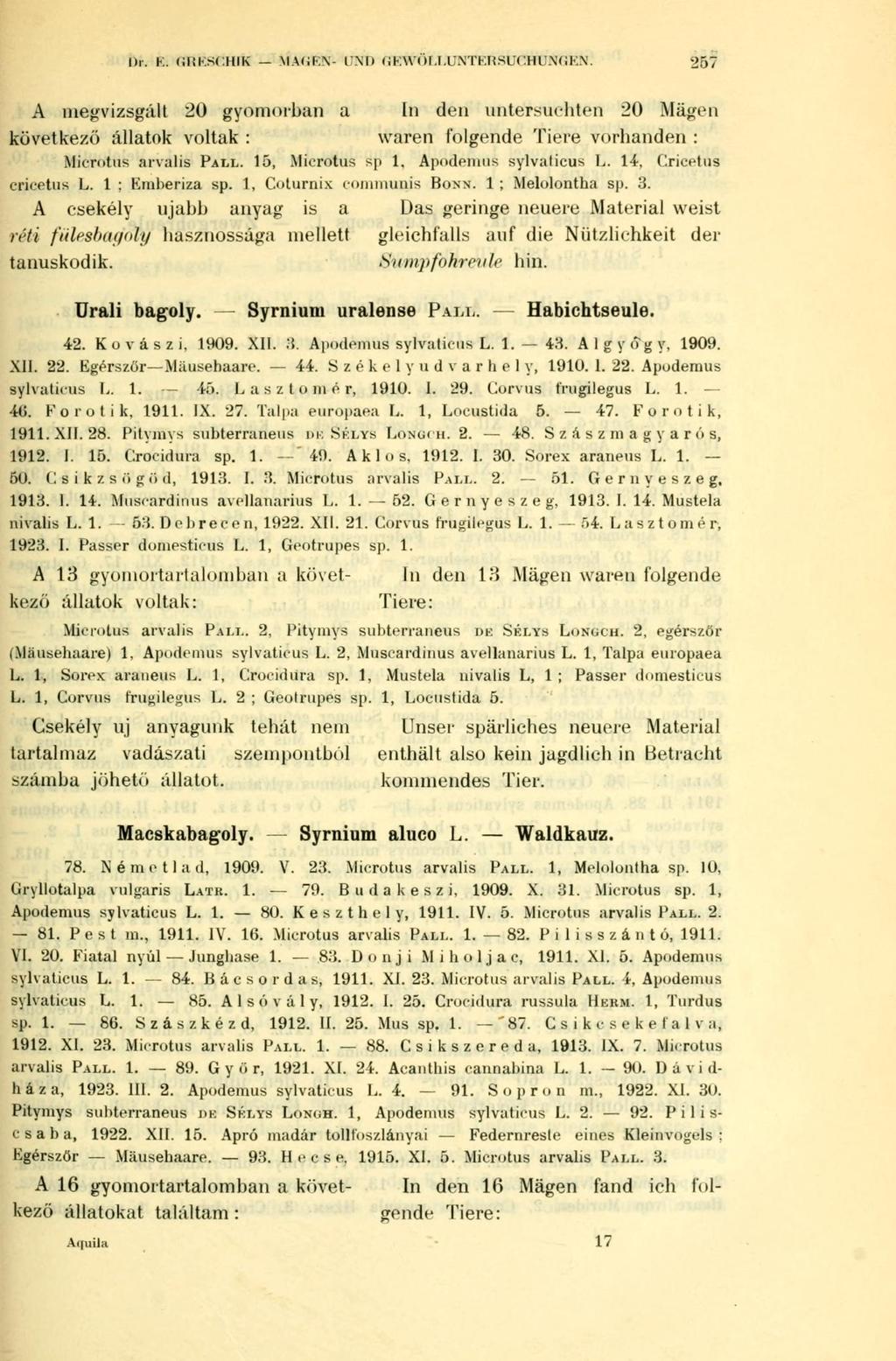Dr. K. GRESCHIK MAGEN- UND GEWÖLLUNTERSUCHUNGEN. 257 A megvizsgált 20 gyomorban a In den untersuchten 20 Mägen következő állatok voltak : waren folgende Tiere vorhanden : Microtus arvalis PALL.