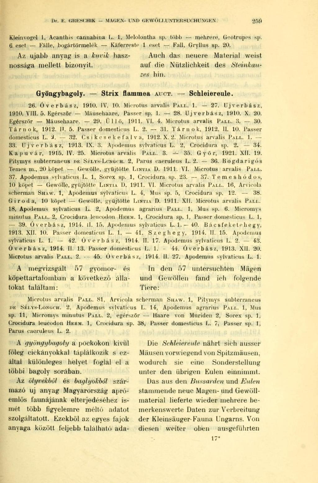 Dr. Ii. GRESCHIK - MAGEN- UND GEWÖLLUNTERSUCHUNGEN. Kleinvogel 1, Acanlhis cannabina L. 1, Melolontha sp. több mehrere, Geotrupes sp. (i eset Fälle, bogártörmelék Kälerreste 1 eset Fall, Gryllus sp.