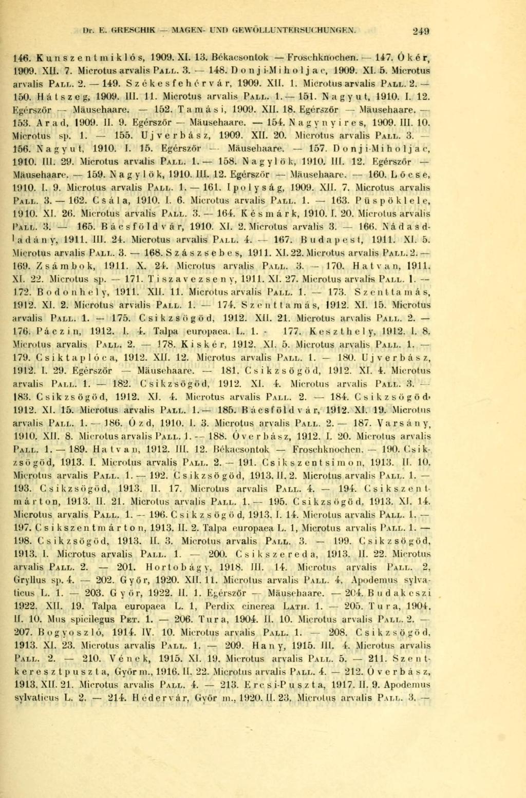 Dr. E. GRESCHIK MAGEN- UND GEWÖIX1 VTERSU«HUNGEN. 249 146. K u Ii s z e n t in i k 1 ó s, 1909. XI. 13. Békacsonlok Frusthknochen. 147. Oker, 1909. XII. 7. Microtus arvalis PALI.. 3. 148.