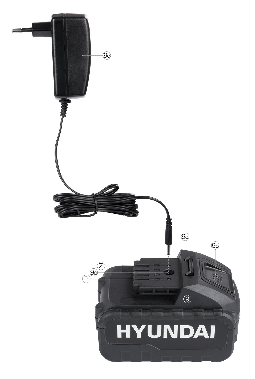 Akkumulátor töltés Főbb részek Adatok: A töltő: 100-240V ~50/60Hz 1.4A Kimenet: 21.6V -1.5A Kimeneti teljesítmény: 32.4W Max. A töltési idő, kb. 2 óra Megnevezések: 9. Akkumulátor 9a.