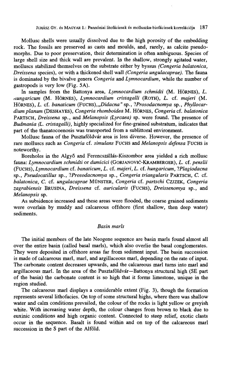 JUHÁSZ GY. és MAGYAR I.: Pannóniai litofáciesek és molluszka-biofáciesek korrelációja 187 Mollusc shells were usually dissolved due to the high porosity of the embedding rock.