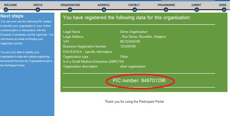 A regisztrált szervezet megkapja egyedi PIC kódját.
