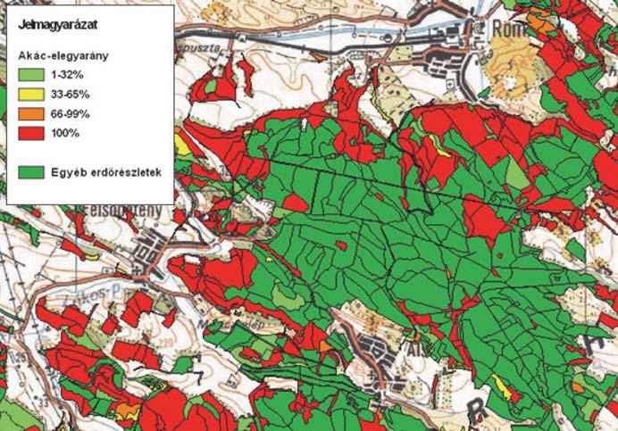 A Nyugat-Cserhát akácosai a tájra jellemzõ mozaikosságot mutatva, szétszórva helyezkednek el.