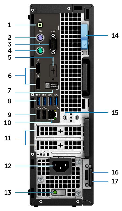 Hátulnézet 1. Vonalkimeneti csatlakozóaljzat 2. PS/2 billentyűzetcsatlakozó 3. Soros port 4. PS/2 egércsatlakozó 5. DisplayPort/HDMI 2.0/VGA/USB Type-C Alt mód (opcionális) 6. DisplayPort * 2 7.