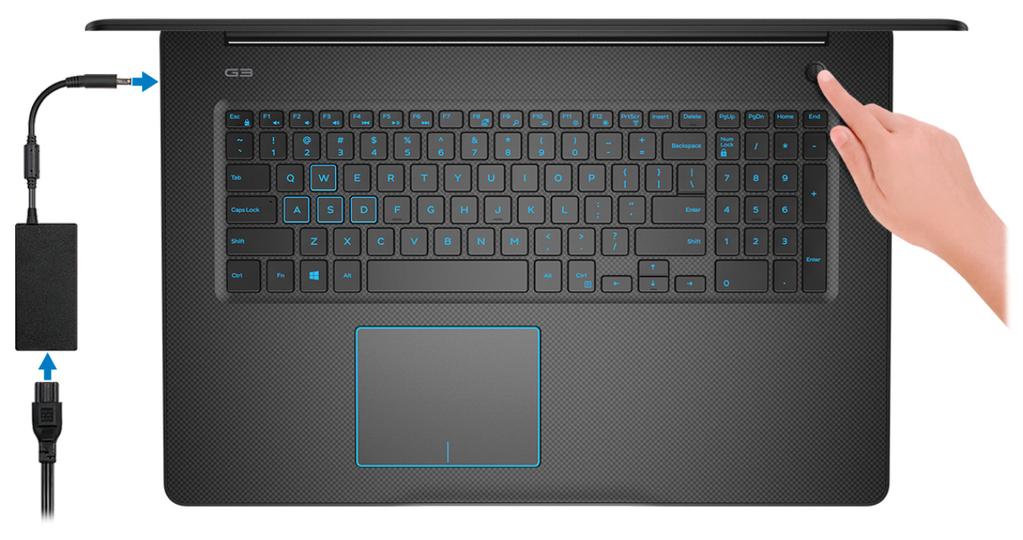 Az Dell G3 3579 beállítása (példa) 1 MEGJEGYZÉS A jelen dokumentumban található képek a megrendelt konfigurációtól függően eltérhetnek a számítógépen megjelenő képektől. 1. Csatlakoztassa a tápadaptert, és nyomja meg a bekapcsológombot.