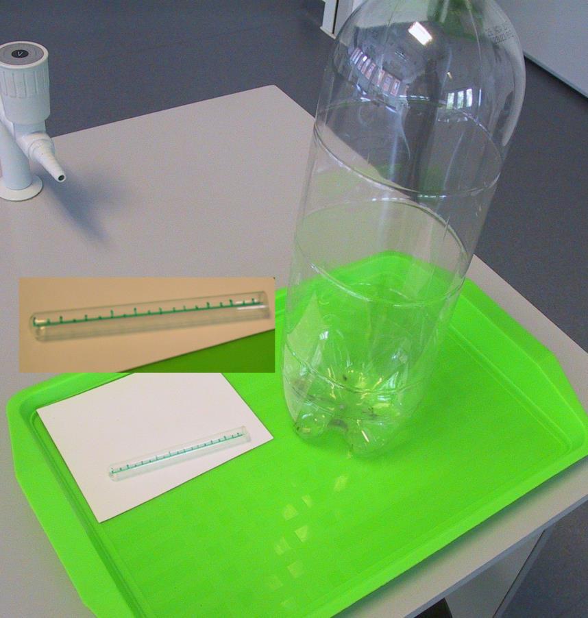 Nagyméretű (1,5 2,5 literes) műanyag flakon kupakkal, vagy mérőhenger; üvegből készült szemcseppentő vagy kisebb kémcső, oldalán 0,5 cm-es skálaosztással.