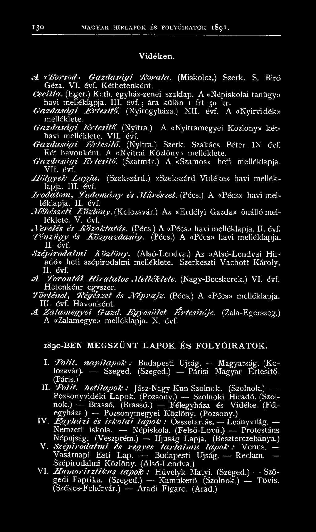 ) A «Nyitramegyei Közlöny» kéthavi melléklete. VII. évf. Gazdasági Értesítő. (Nyitra.) Szerk. Szakács Péter. IX évf. Két havonként. A «Nyitrai Közlönye melléklete. Gazdasági Értesítő. (Szatmár.