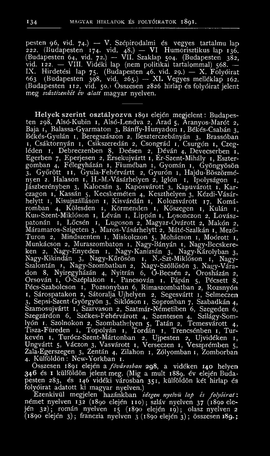 Folyóirat 663 (Budapesten 398, vid. 265.). X I. Vegyes melléklap 162. (Budapesten 112, vid. 50.1 Összesen 2826 hirlap és folyóirat jelent meg száztizenkét év alatt magyar nyelven.