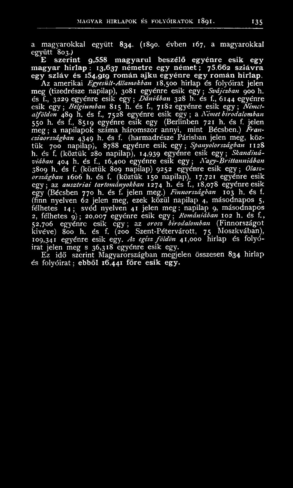Az amerikai Egyesült-Államokban 18,500 hirlap és folyóirat jelen meg (tizedrésze napilap), 3081 egyénre esik egy; Svájciban 900 h. és f., 3229 egyénre esik egy; Dániában 328 h. és f., 6144 egyénre esik egy; Belgiumban 815 h.