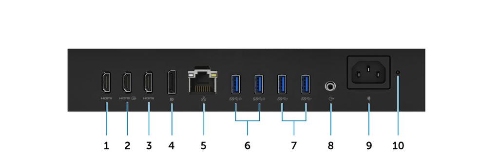 szállított számítógépek esetén) 2 HDMI-bemeneti port 4 DisplayPort 5 Hálózati port 6 USB 3.