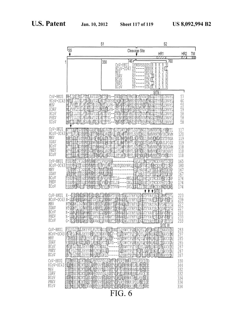 U.S. Patent Jan. 10, 2012 Sheet 117 of 119 US 8,092,994 B2 Si SS CIeava e Site + HR1 HR2 TM 330 lob r CoV-EKU1 DYNSPSSSSS FR R K R HCoV-004-" DY-----SKN,R R SR KEY DY-----SKS R,R A D SDAV NY-----SIA.