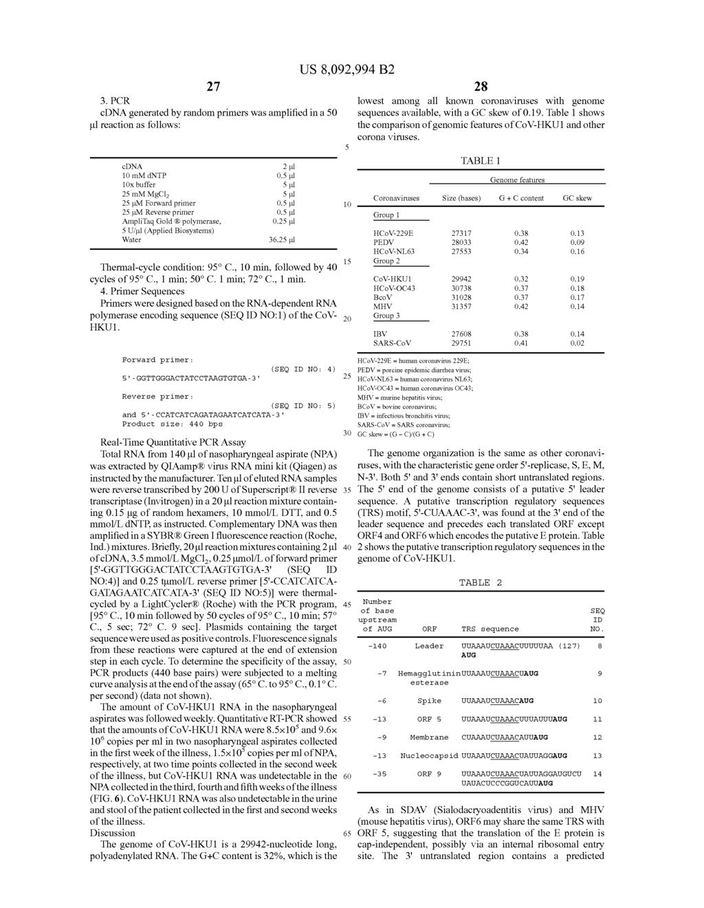 US 8,092,994 B2 27 28 3. PCR lowest among all known coronaviruses with genome cdna generated by random primers was amplified in a 50 sequences available, with a GC skew of 0.19.