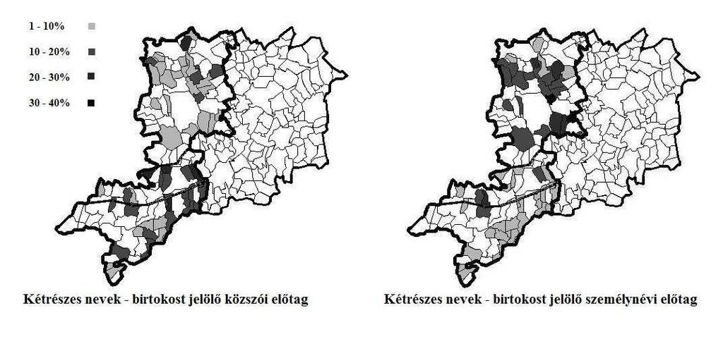 Egy lehetséges módszer a helynevek területi különbségeinek igazolására felhasználtságot (pl. Kanász-parag, Király út, Pap-tag, Tanító-tag), s a Rába mentétől délre ez a kategória alig jelentkezik.
