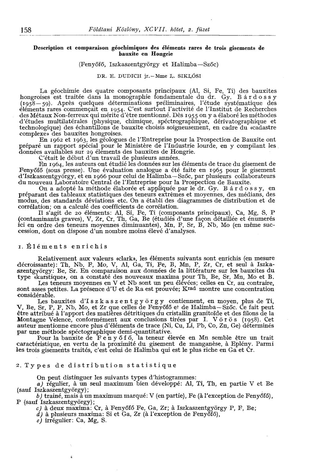 158 Földtani Közlöny, XCVII. kötet, 2. füzet Description et comparaison géochimiques des éléments rares de trois gisements de bauxite en Hongrie (Fenyőfő, Iszkaszentgyörgy et Halimba Szőc) DR. E.